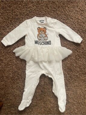 Moschino White Baby Footie with Teddy and Tulle Peplum